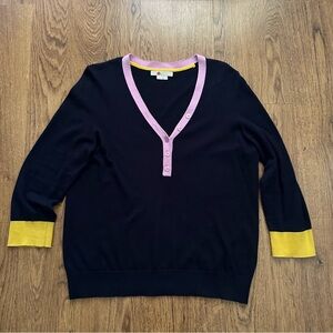 Boden navy blue V-Neck Sweater with Pink Yellow Details size 10 long sleeve